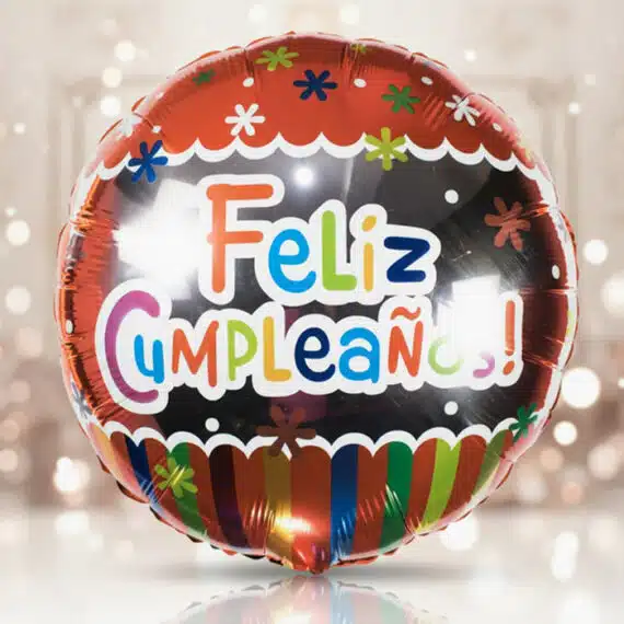 Globo metalizado de feliz cumpleaños con diseño colorido y festivo, ideal para decorar fiestas y eventos especiales.