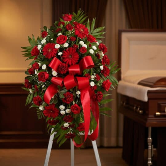 Pedestal fúnebre Homenaje Eterno a Andrés, con rosas rojas, gerberas y follaje verde, adornado con un lazo rojo, en una sala