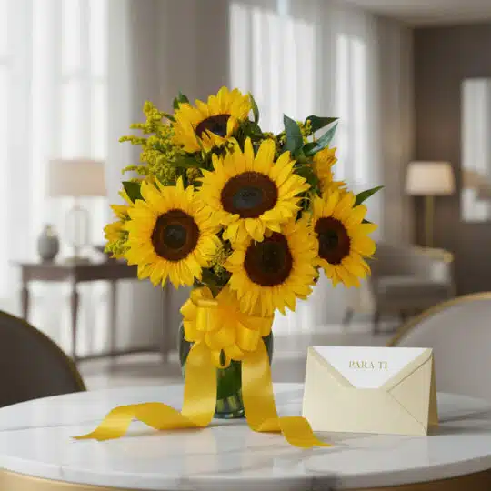 Jarrón de cristal con doce girasoles vibrantes y follaje verde, atado con una cinta de satén amarilla, sobre una mesa de márm