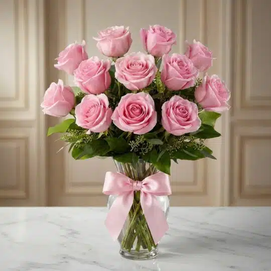 Jarron Allegria con doce rosas rosadas vibrantes y abiertas, adornado con un elegante moño rosa, sobre una superficie de márm