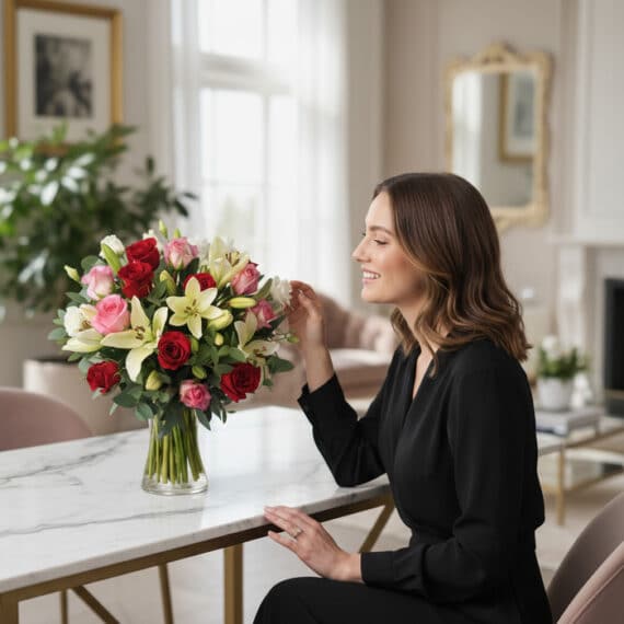 Mujer elegante admirando el Jarron Floral GIORGIA con rosas rojas, rosadas y lirios blancos en un lujoso interior de hogar co