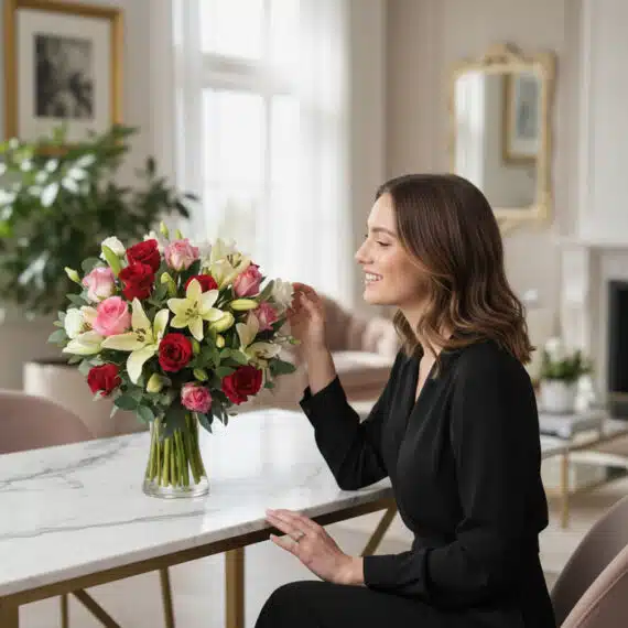 Mujer elegante admirando el Jarron Floral GIORGIA con rosas rojas, rosadas y lirios blancos en un lujoso interior de hogar co