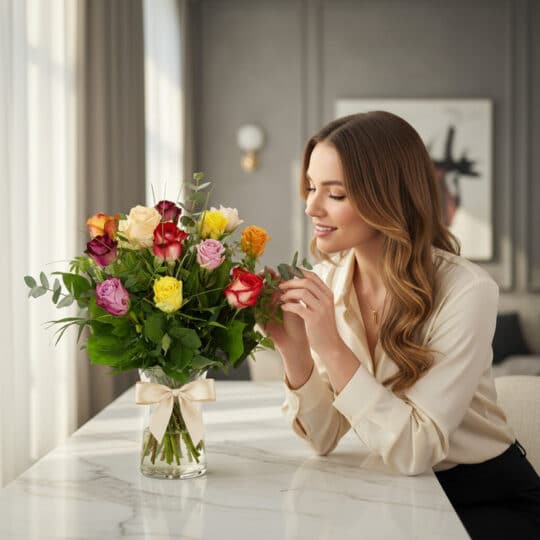 Mujer elegante admira un jarrón de rosas CRISTINA con 12 tonos surtidos, en un ambiente de hogar lujoso y desenfocado.