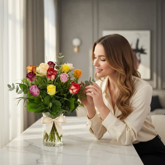 Mujer elegante admira un jarrón de rosas CRISTINA con 12 tonos surtidos, en un ambiente de hogar lujoso y desenfocado.