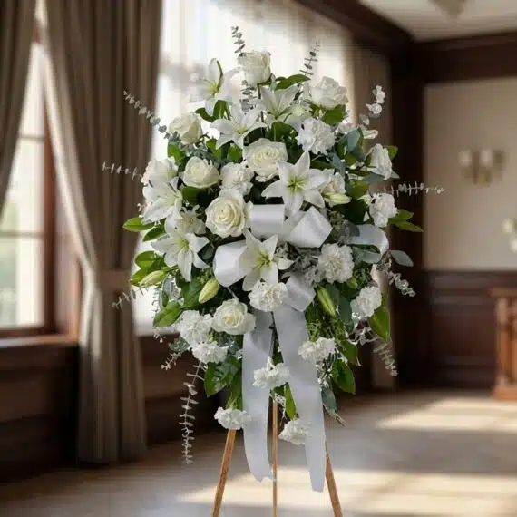 Pedestal Fúnebre Hasta Pronto: Elegancia y Respeto en Flores Blancas Impresionante pedestal fúnebre 'Hasta Pronto' con lirios, rosas y claveles blancos, realzado con un lazo de satén, en una sal