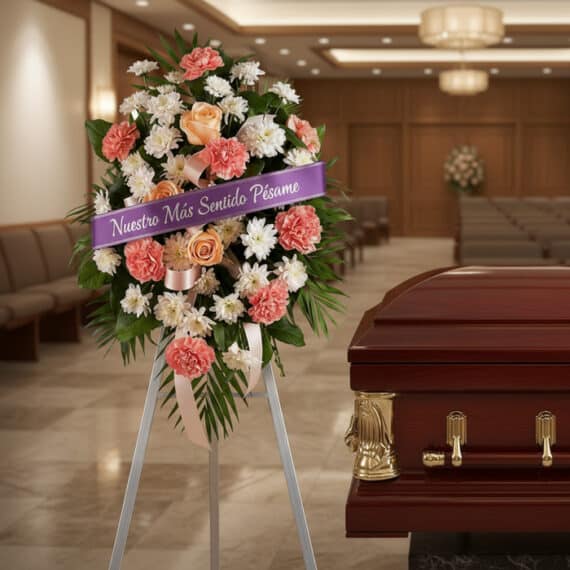 Pedestal fúnebre de homenaje para Timoteo con arreglo floral de claveles, rosas y crisantemos, cinta morada con mensaje de pé
