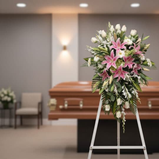Pedestal fúnebre 'Legado Eterno' con lirios rosados, rosas blancas y follaje verde, en una sala de velación moderna con ataúd
