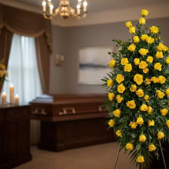 Imponente pedestal fúnebre con rosas amarillas vibrantes y follaje verde, ubicado en una sala de velación moderna con ataúd d