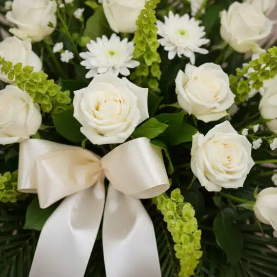 Primer plano de un arreglo fúnebre con rosas blancas, crisantemos y follaje verde con rocío, adornado con un lazo de satén co