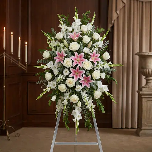 Pedestal de Homenaje "El Legado de Josafat": Tributo Digno y Solemne 🕊️ Pedestal floral funerario "El Legado de Josafat" con lirios rosas, rosas blancas y gladiolos en sala de velación elegante.