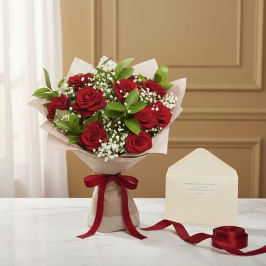Ramillete de rosas rojas con follaje verde y flores de paniculata, envuelto en papel beige y atado con una cinta de satén roj