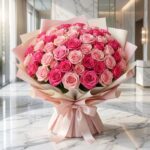 Impresionante ramo de 60 rosas fucsia y rosadas, con empaque coreano elegante, sobre mesa de mármol en floristería premium.