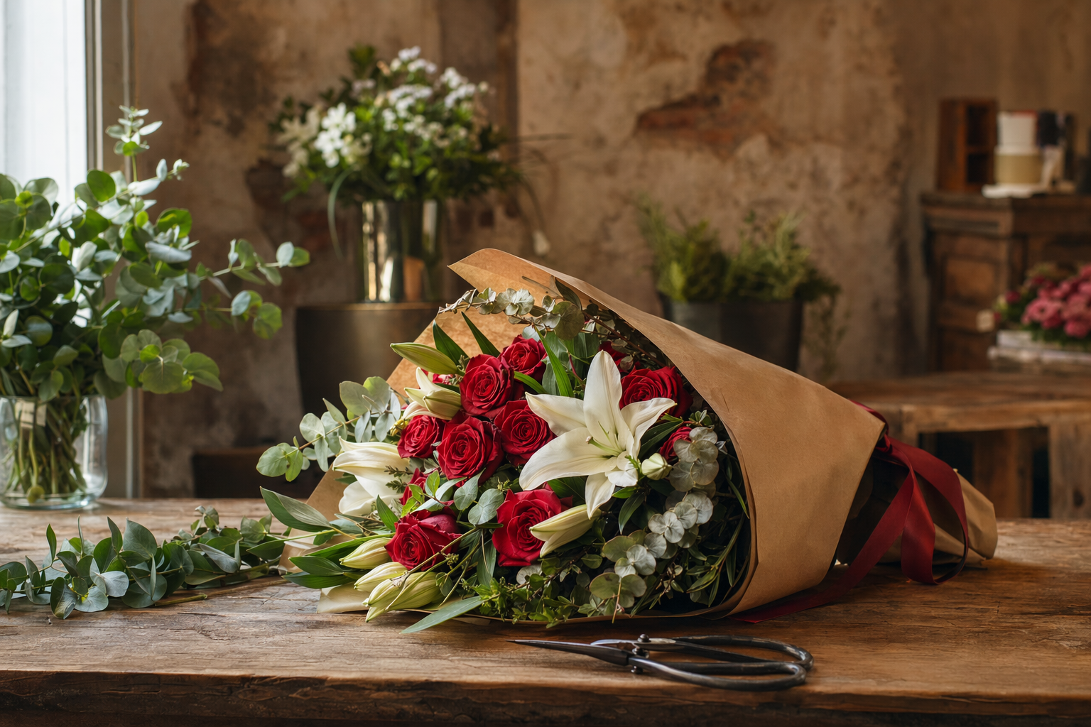 Mesa de floristería con ramo de rosas a medio envolver