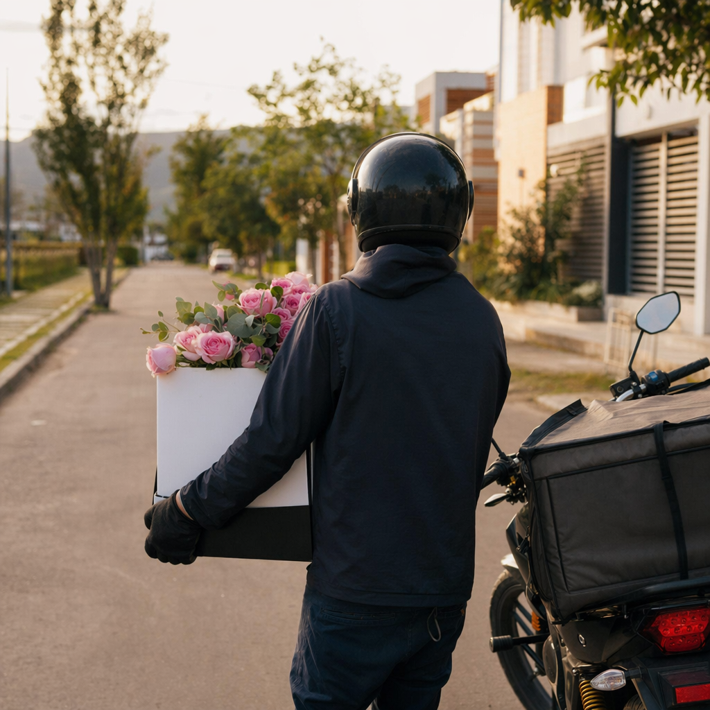 Mensajero entregando caja de flores en calle de la Sabana de Bogotá
