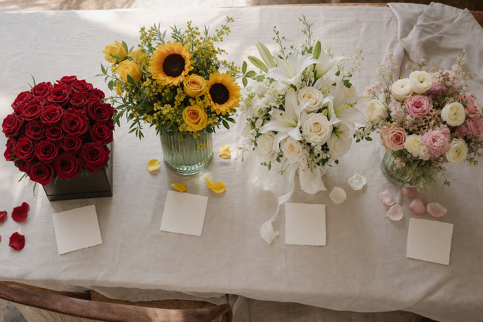 Vista cenital de varios arreglos florales para distintas ocasiones