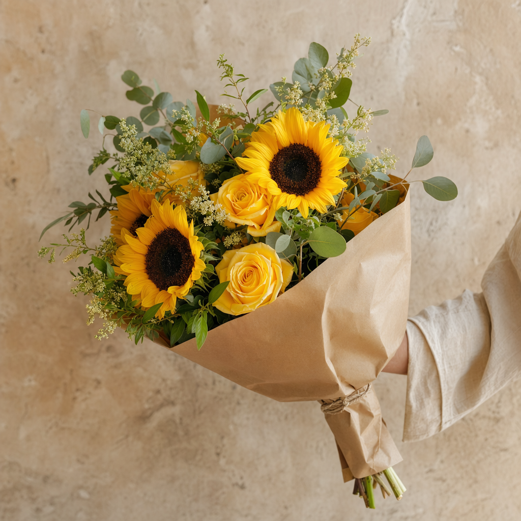 Bouquet vibrante con girasoles y rosas amarillas envuelto en papel kraft