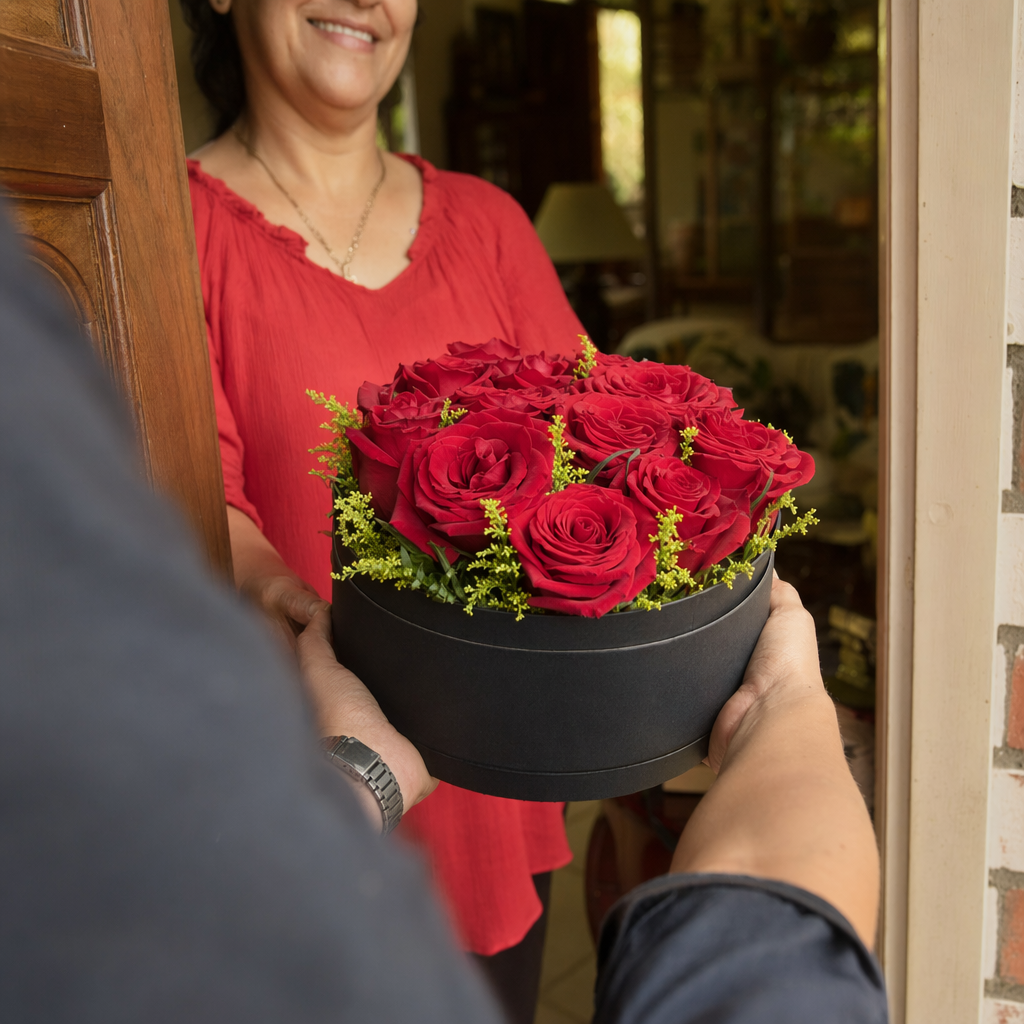 Persona recibiendo una caja de rosas rojas en la puerta de una casa